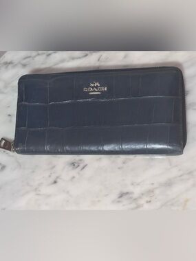 Coach Navy Croc-Embossed Zip Wallet with Gold Logo